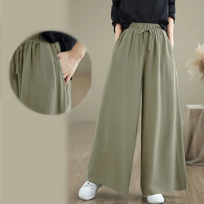 Buddha Stones Women's Pure Color Drawstring Cotton Linen Wide Leg Ankle-Length Pants With Pockets
