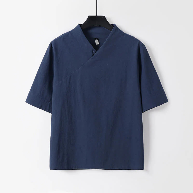 Buddha Stones Summer Simple V-Neck Short Sleeve Cotton Linen Men's Shirt
