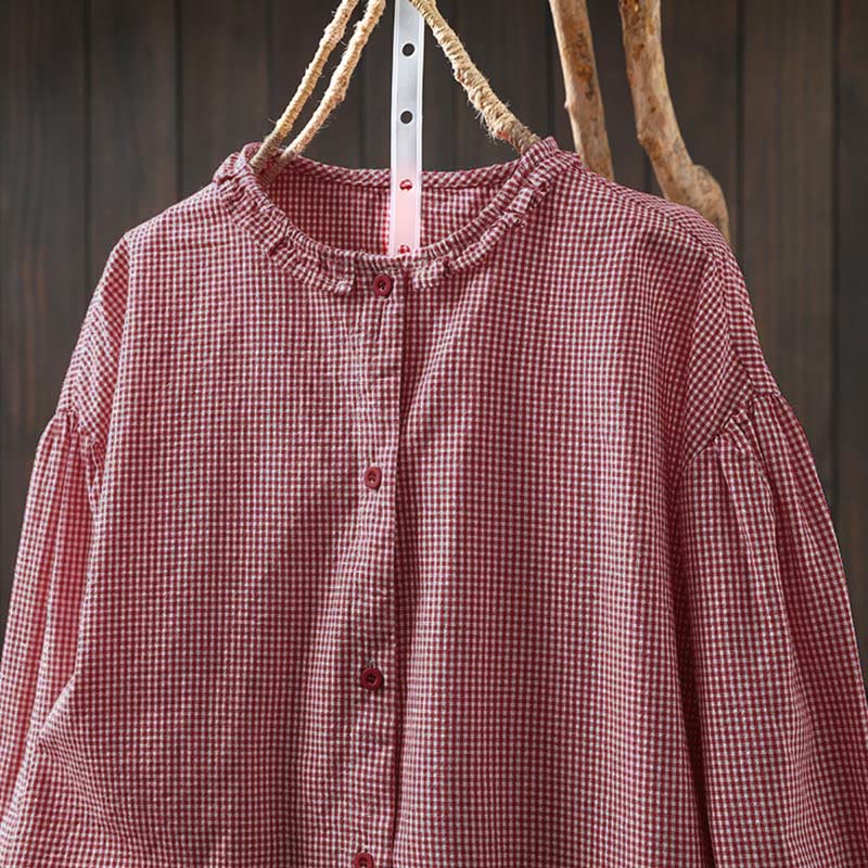 Buddha Stones Spring Small Plaid Buttons Down Long Sleeve Women's Cotton Shirt