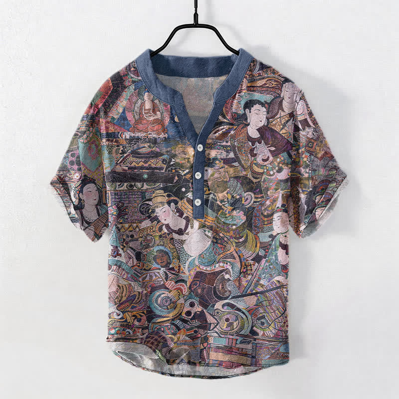 Buddha Stones Cotton Portrait Print Men's Short Sleeve Half Button Shirt