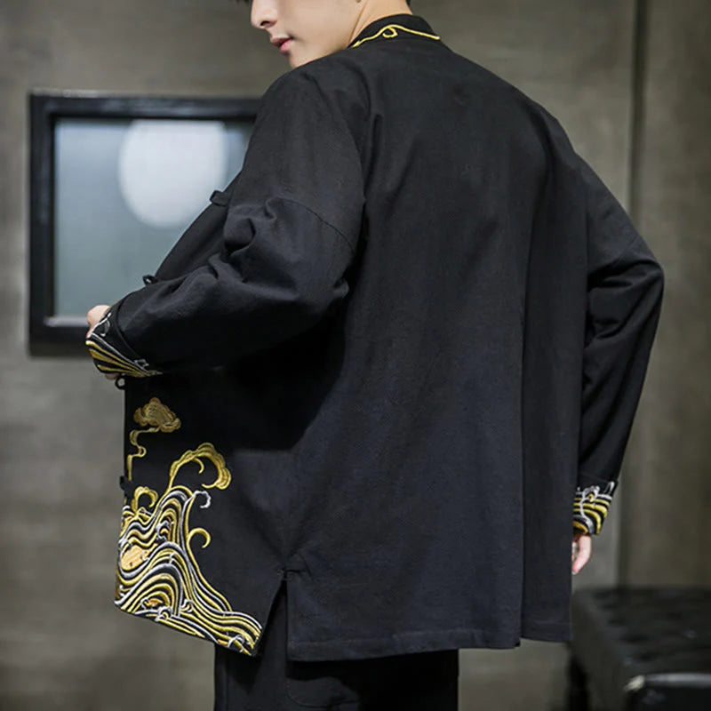 Buddha Stones Embroidered Clouds Frog-Button Long Sleeve Men's Cotton Tang Suit Jacket