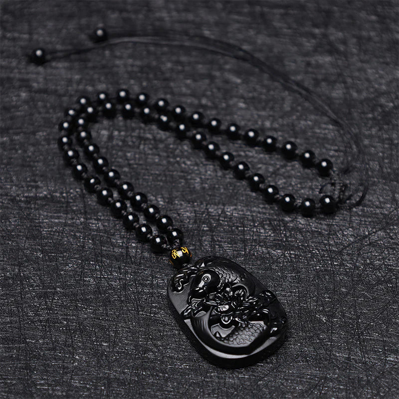 Buddha Stones Natural Black Obsidian Koi Fish Lotus Strength Beaded Necklace Pendant