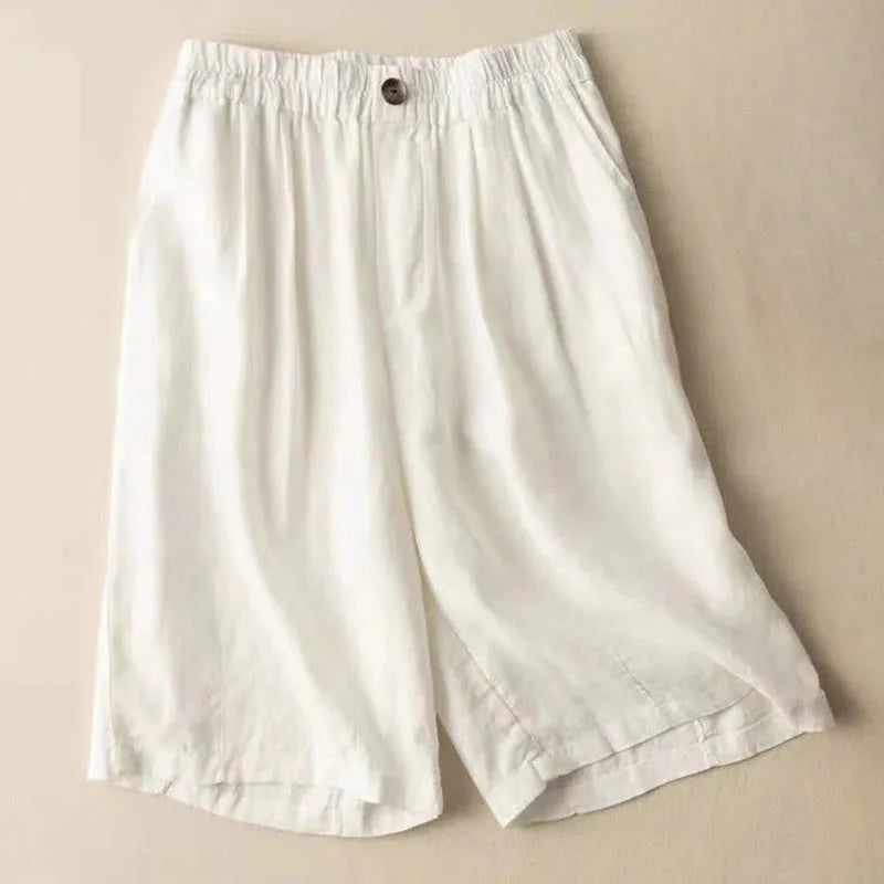 Buddha Stones Summer Casual Plain Zipper Button Cotton Linen Women's Shorts With Pockets