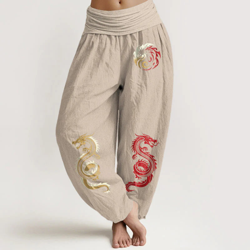 Buddha Stones Pure Cotton Dragon Pattern Women's Elastic Waist Harem Pants