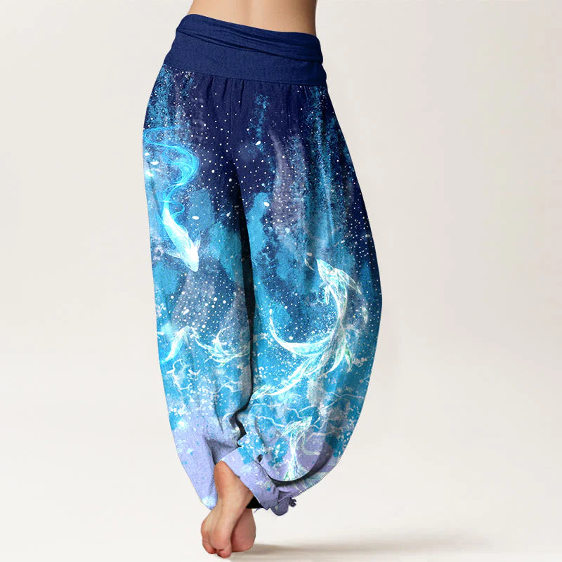 Buddha Stones Cotton Koi Fish Aquatic Pattern Women's Elastic Waist Harem Pants