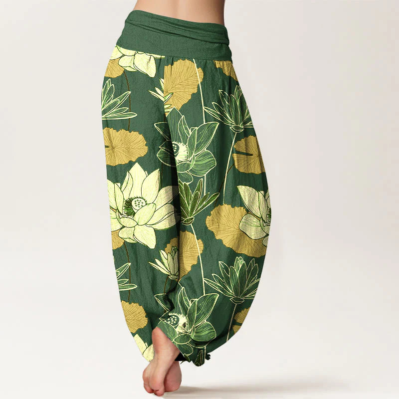 Buddha Stones Pure Cotton Retro Lotus Flowers Leaves Pattern Women's Elastic Waist Harem Pants