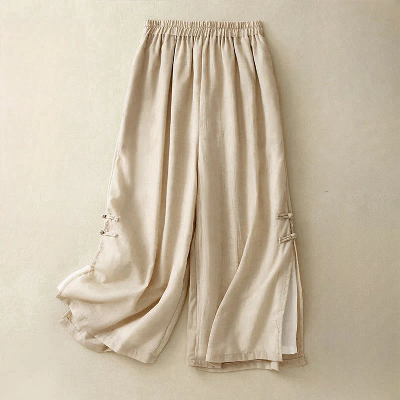 Buddha Stones Casual Plain Color Chinese Frog Button Cotton Linen Women's Wide Leg Pants
