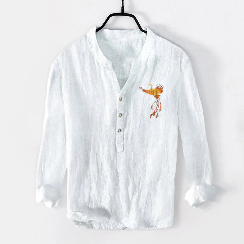 Buddha Stones Phoenix Clouds Red Sun Pattern Half Buttons Men's Cotton Linen Long Sleeve Shirt