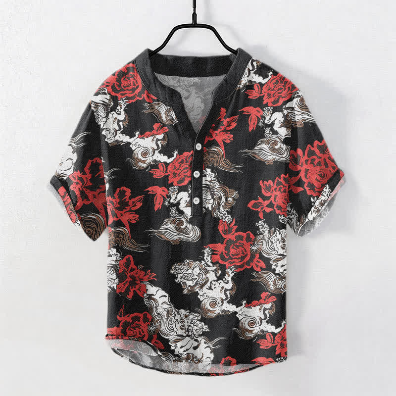 Buddha Stones Cotton Red Floral Cloud Print Henley Men's Short Sleeve Half Button Shirt