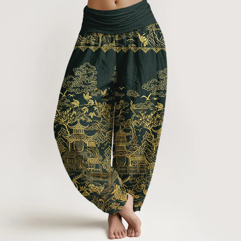 Buddha Stones Cotton Classical Architecture Landscape Animal Auspicious Clouds Pattern Women's Elastic Waist Harem Pants