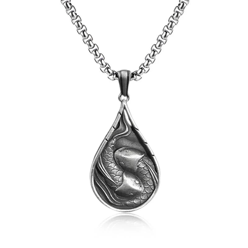 Buddha Stones Double Lucky Koi Fish Prosperity Pure Tin Water Drop Pattern Necklace Pendant