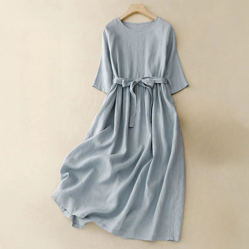 Buddha Stones Casual Plain Crew Neck Lace-up Half Sleeve Cotton Linen Midi Dress With Pockets
