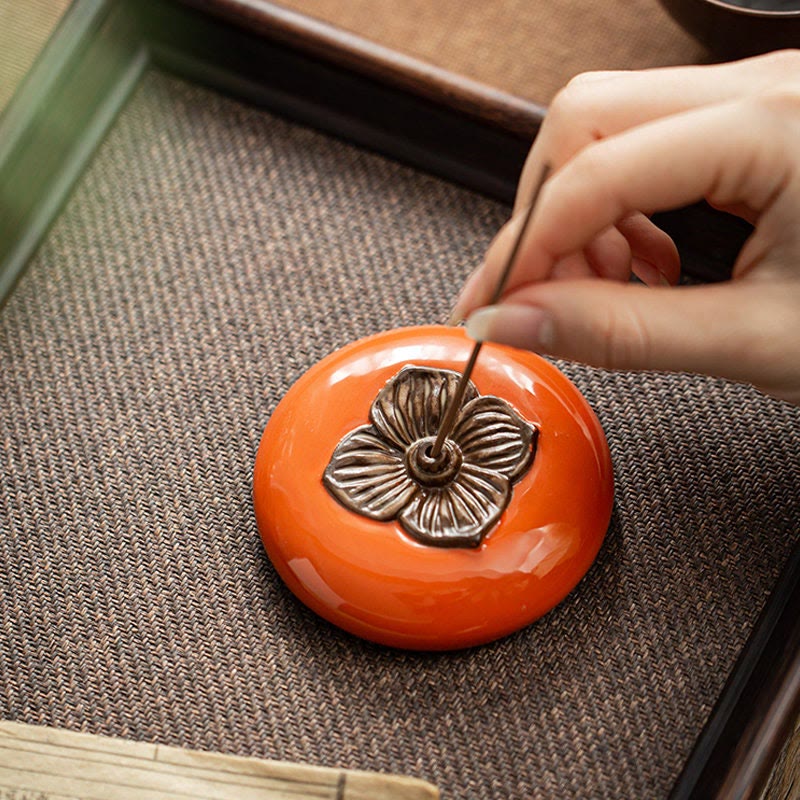 Buddha Stones Persimmon Ceramic Meditation Healing Incense Burner Incense Holders