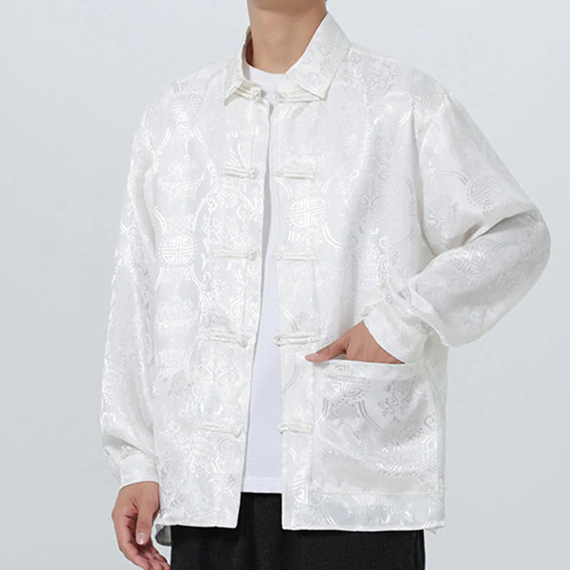 Buddha Stones Spring Jacquard Lapel Long Sleeve Men's Tang Suit Frog-Button Jacket With Pockets