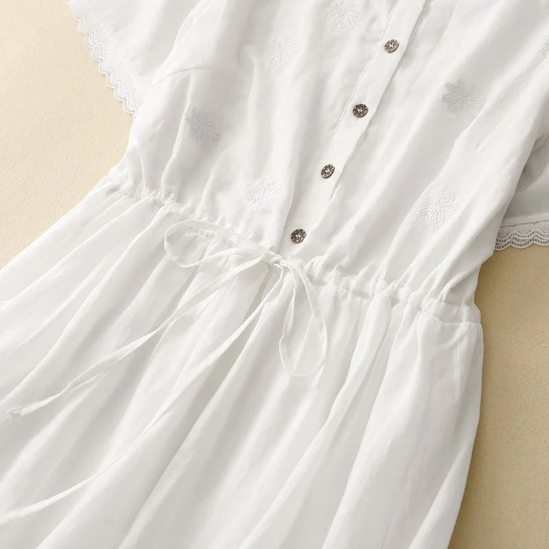 Buddha Stones Commute Embroidery Pleated Button Drawstring Design Cotton Linen Ruffled Short Sleeve Midi Dress