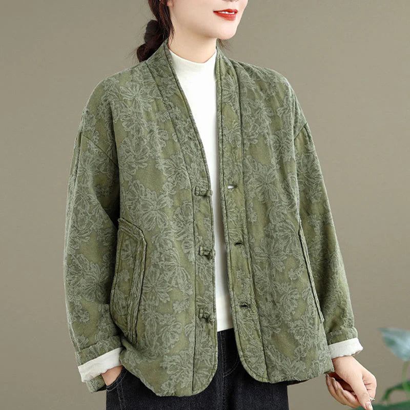 Buddha Stones Winter V-Neck Jacquard Frog-Button Cotton Long Sleeve Women's Thermal Jacket With Pockets