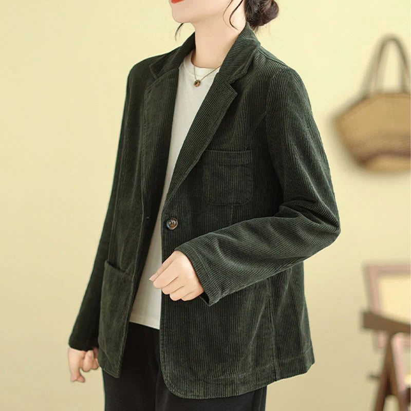 Buddha Stones Retro Plain Women's Long Sleeve Corduroy Jacket With Pockets