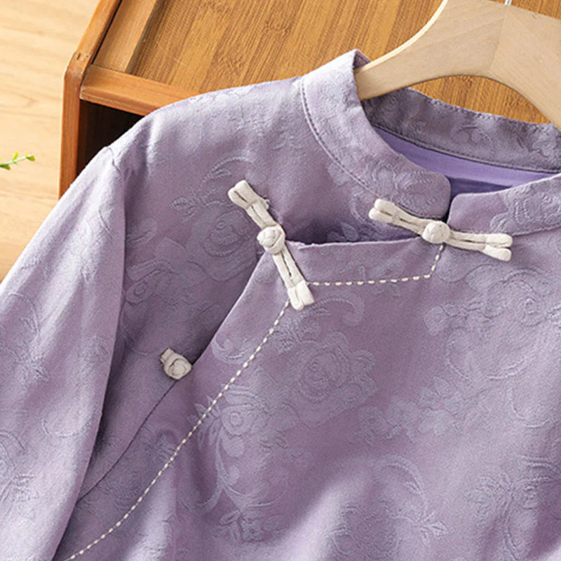 Buddha Stones Fall Jacquard Floral Print Frog-Button Stand Collar Long Sleeve Women's Cotton Shirt
