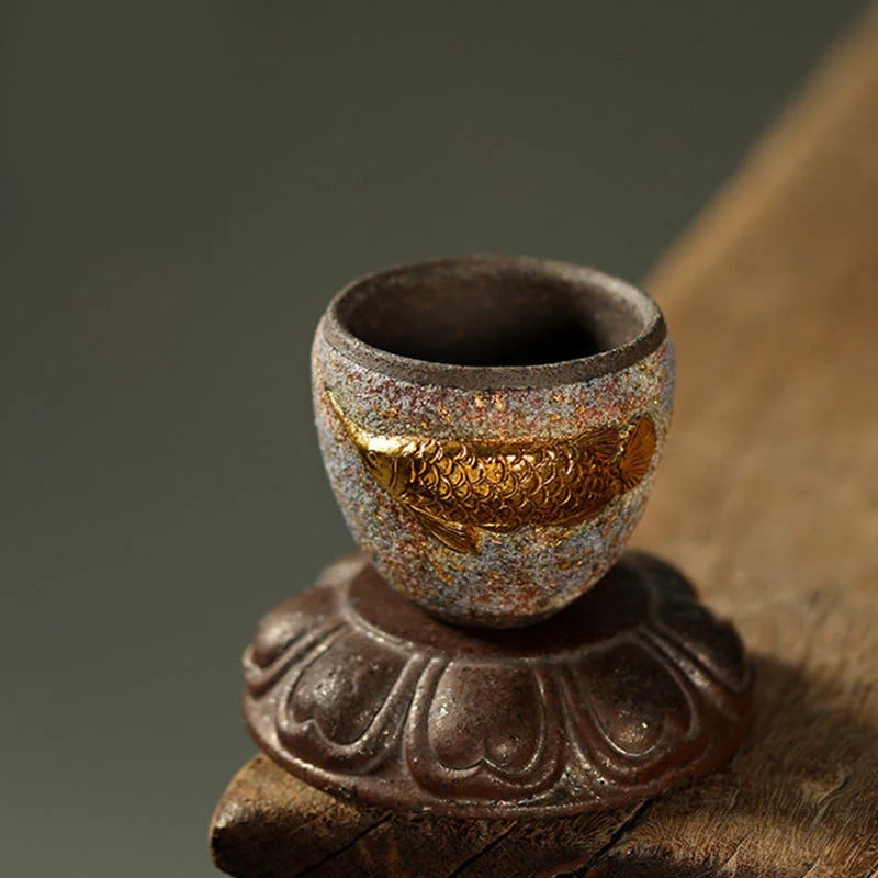 Buddha Stones Golden Arowana Koi Fish Ceramic Teacup Kung Fu Tea Cup