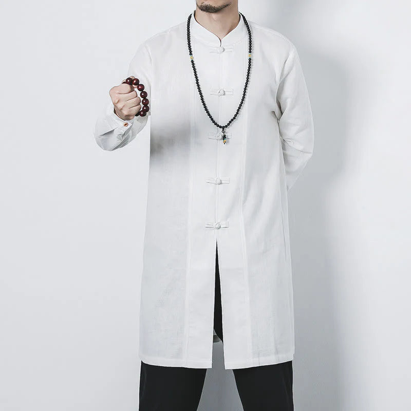 Buddha Stones Fall Simple Frog-Button Linen Men's Mid-length Coat Zen Clothing