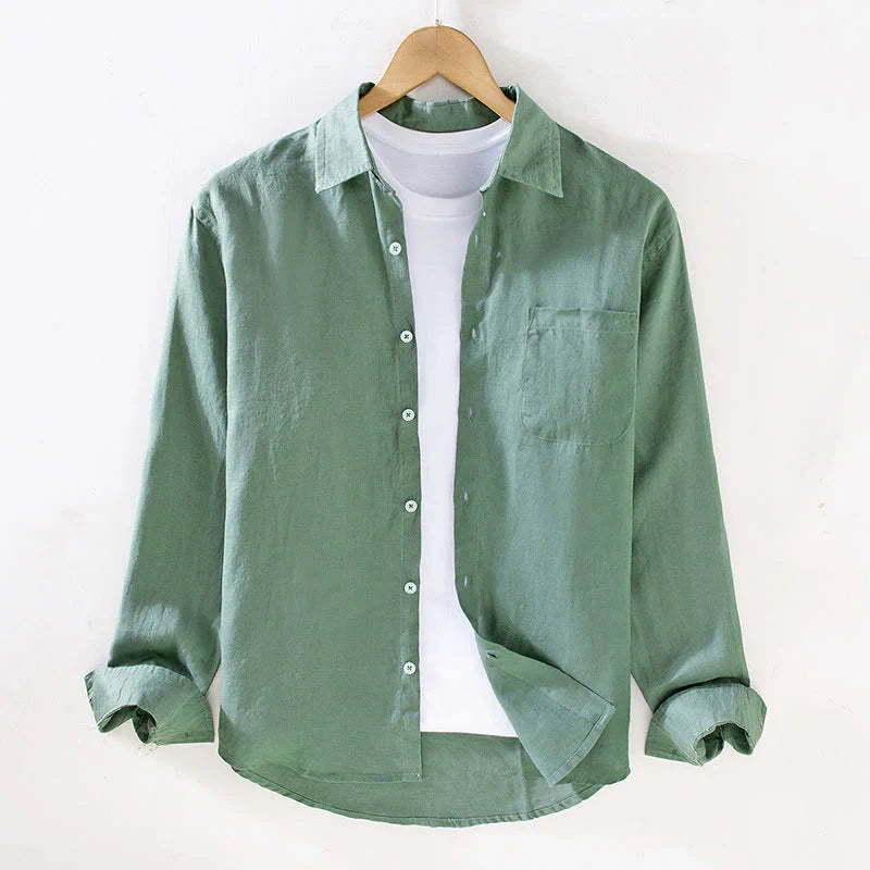 Buddha Stones Spring Men's Casual Pure Color Linen Long Sleeve Shirt With Pocket