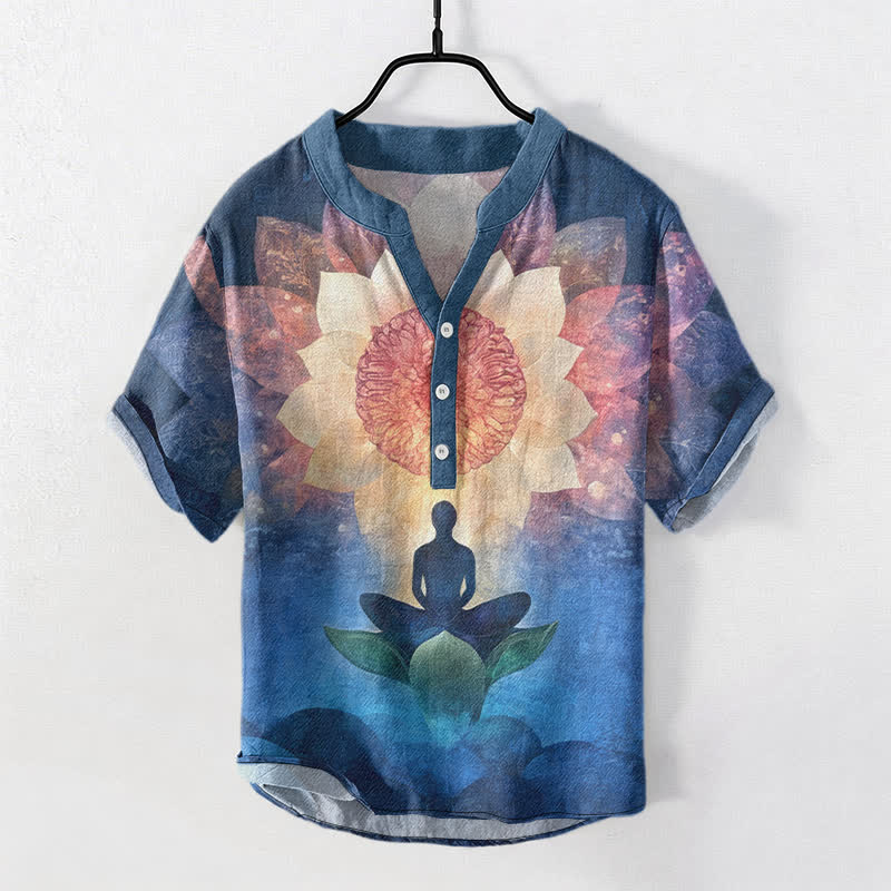 Buddha Stones Cotton Lotus Meditating Figure Pattern Men's Short Sleeve Half Button Shirt