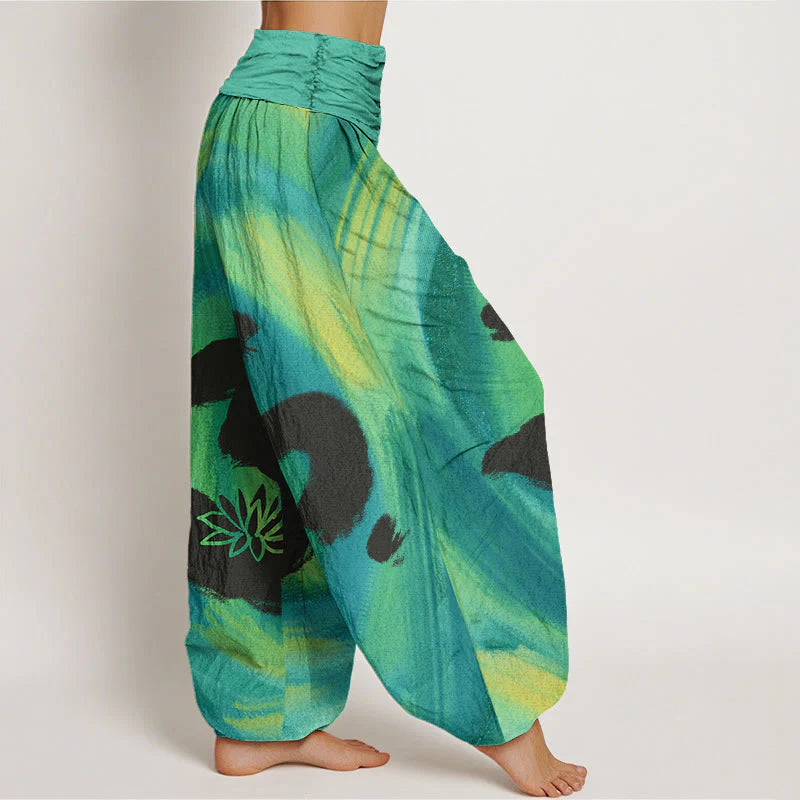 Buddha Stones Cotton OM Symbol Lotus Flower Pattern Women's Elastic Waist Harem Pants
