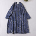 Buddha Stones Commute Bamboo Floral Pattern Long Sleeve Buttons Women's Cotton Midi Dress With Pockets