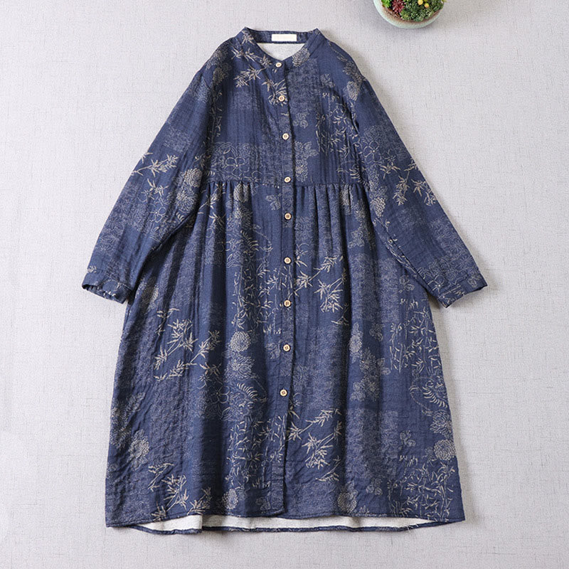 Buddha Stones Commute Bamboo Floral Pattern Long Sleeve Buttons Women's Cotton Midi Dress With Pockets