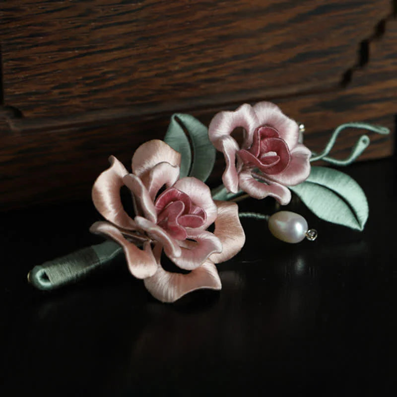 Buddha Stones Handcrafted Silk Art Twin Rose Flower Blessing Harmony Brooch