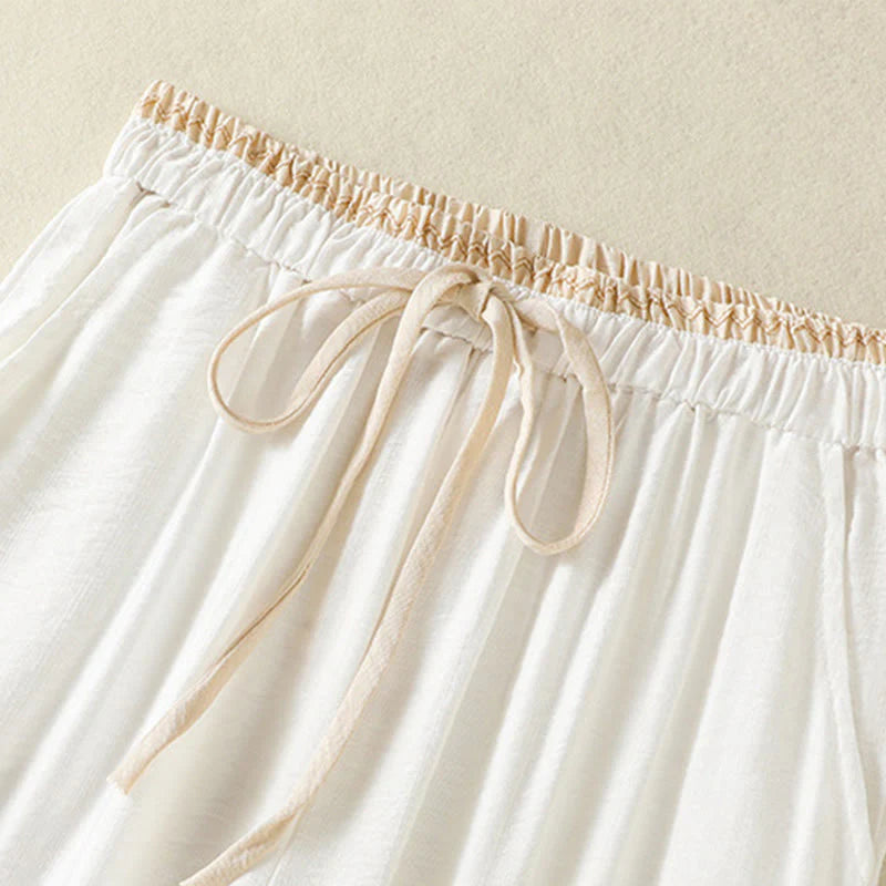 Buddha Stones Vintage Casual Pure Color Drawstring Ankle-Length Women's Cotton Linen Pants With Pockets