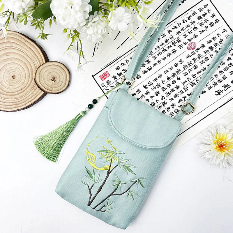 Buddha Stones Small Embroidered Flowers Crossbody Bag Shoulder Bag Double Layer Cellphone Bag