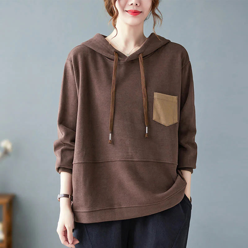 Buddha Stones Fall Solid Color Decorative Pocket Cotton Long Sleeve Women's Hoodie