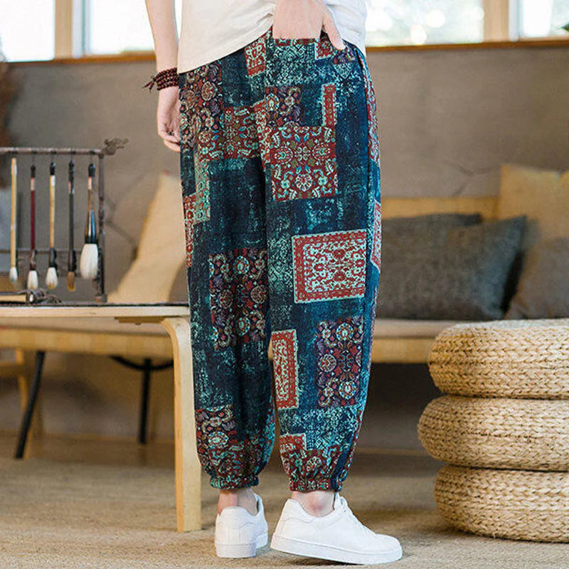 Buddha Stones Summer Square Patchwork Cotton Linen Men's Ankle-Length Harem Pants With Pockets