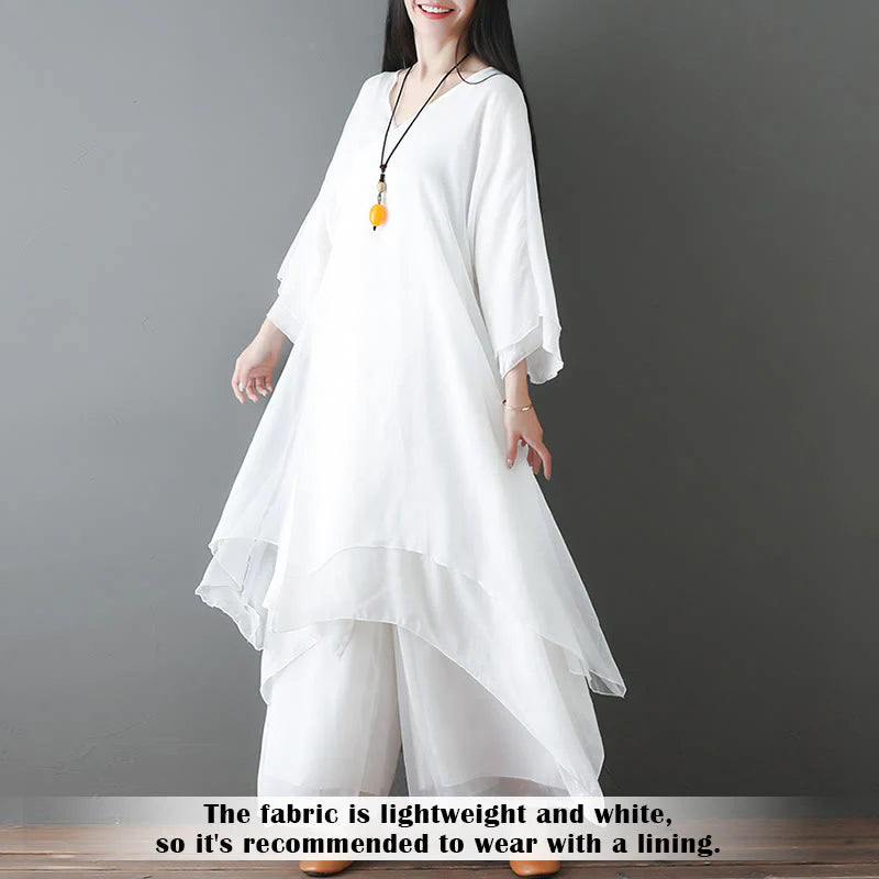 Buddha Stones V-Neck Midi Tunic Dress Wide Leg Pants Meditation Zen Practice Dance Clothing