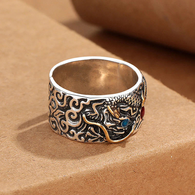 Buddha Stones Vintage Dragon Pattern Copper Plated Silver Balance Ring