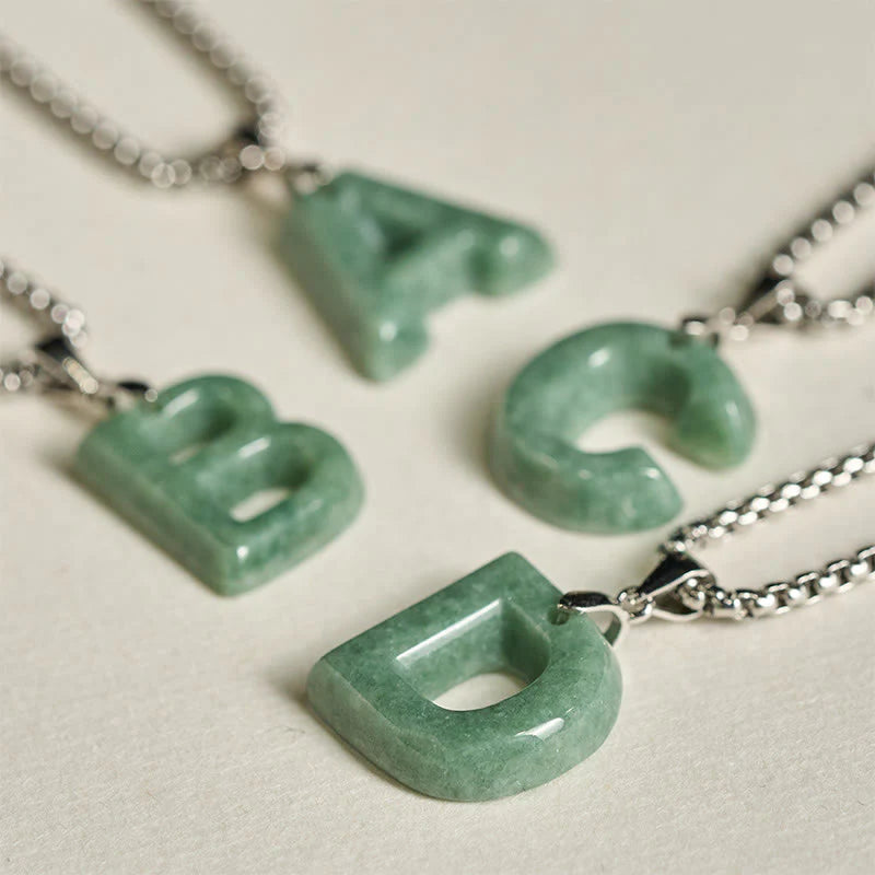 Buddha Stones Natural A-Z Letter Jade Titanium Steel Wide Chain Prosperity Necklace Pendant