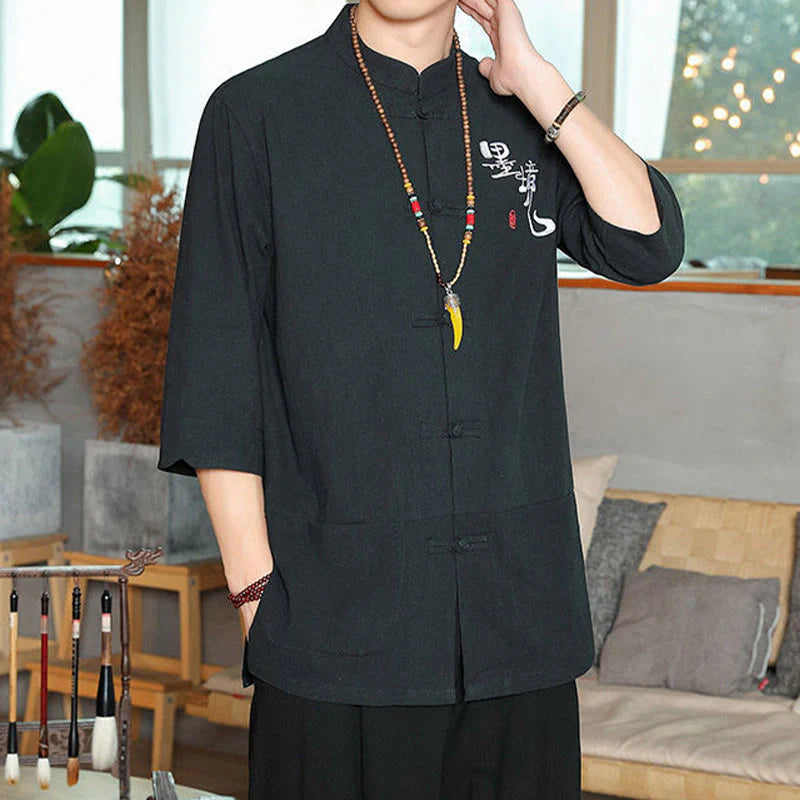 Buddha Stones Frog-Button Chinese Tang Suit Three Quarter Sleeve Cotton Linen Men's Shirt