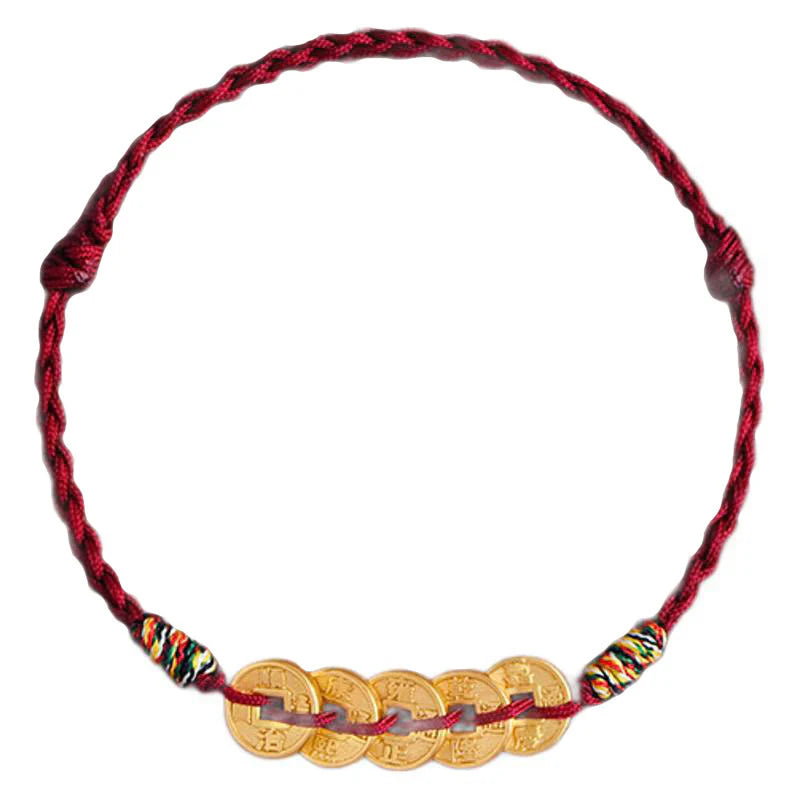 Buddha Stones Five Copper Coins Design Braided String Protection Bracelet Anklet