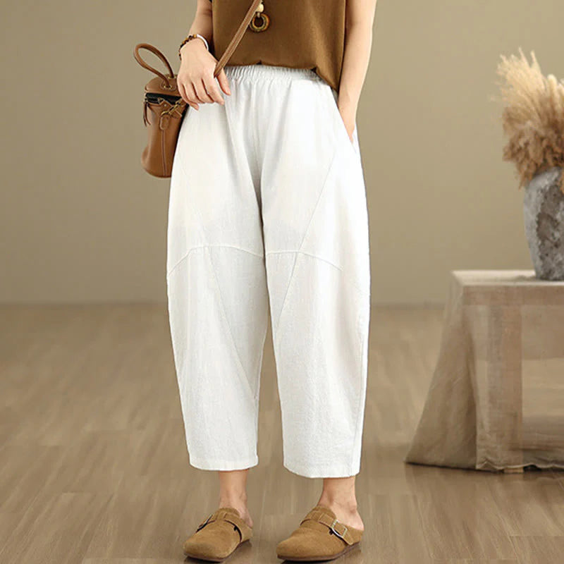 Buddha Stones Spring 7-8 Length Solid Color Women's Cotton Linen Harem Pants With Pockets