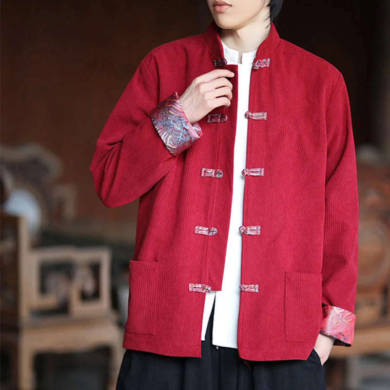 Buddha Stones Spring Jacquard Frog-Button Men's Cotton Corduroy Long Sleeve Jacket With Pockets