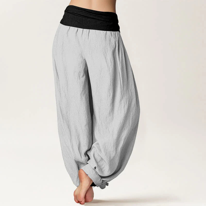 Buddha Stones Cotton Blue Black Gray Solid Color Women's Elastic Waist Harem Pants