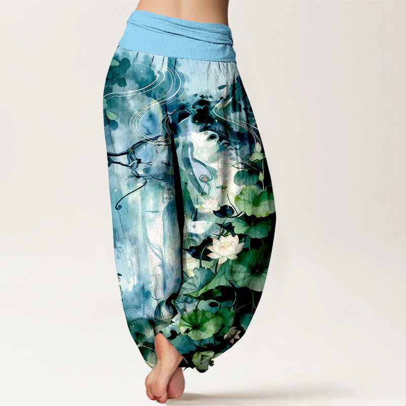 Buddha Stones Pure Cotton Watercolor Style Lotus Flower Leaf Pattern Women's Elastic Waist Harem Pants