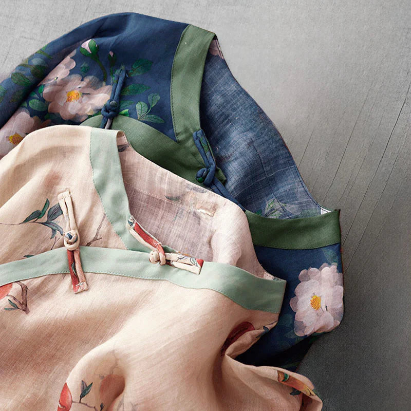 Buddha Stones Frog-Button Orchid Pomegranate Flowers Pattern Side Slit Design Half Sleeve Midi Dress
