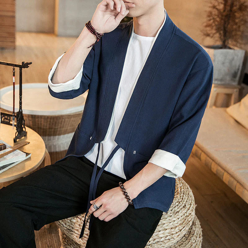 Buddha Stones Lace-Up Design Jacket Cotton Linen Men's Three Quarter Sleeve Kimono With Pockets