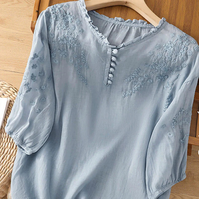 Buddha Stones Casual Plain Button Floral Embroidered Design Puff Half Sleeve Women's Shirt