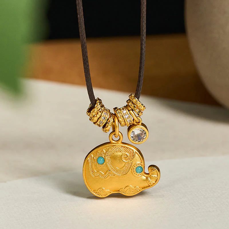 Buddha Stones Elephant Symbol 24k Gold Plated Brass Strength Rope Necklace Pendant
