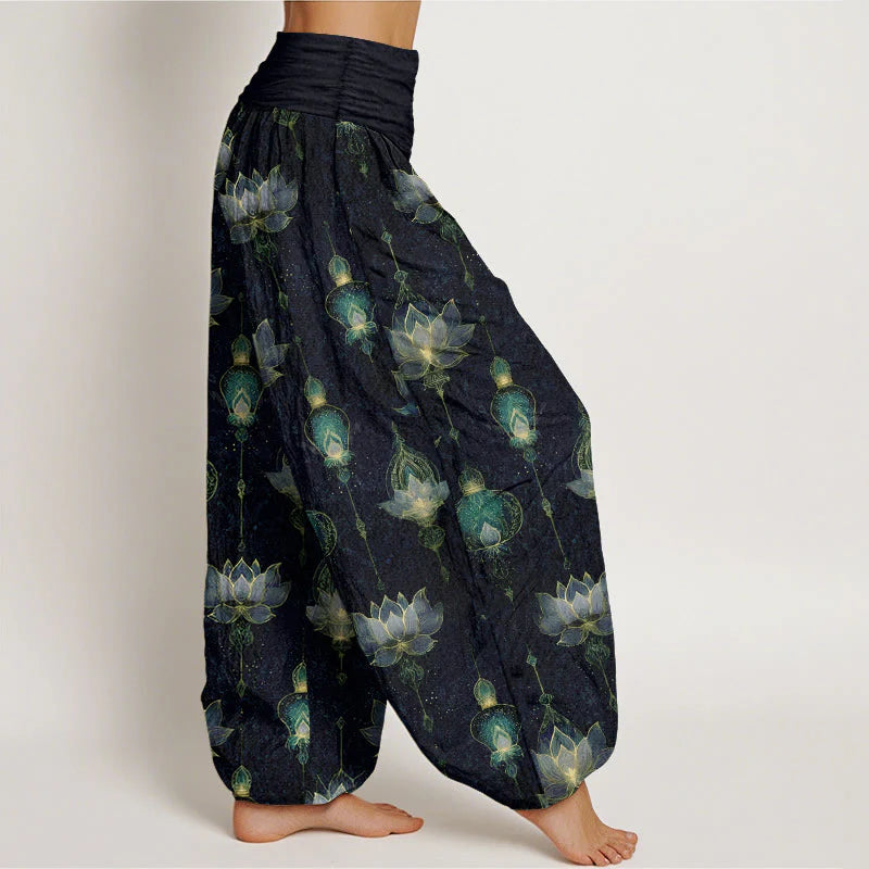 Buddha Stones Cotton Gorgeous Lotus Lantern Pattern Women's Elastic Waist Harem Pants