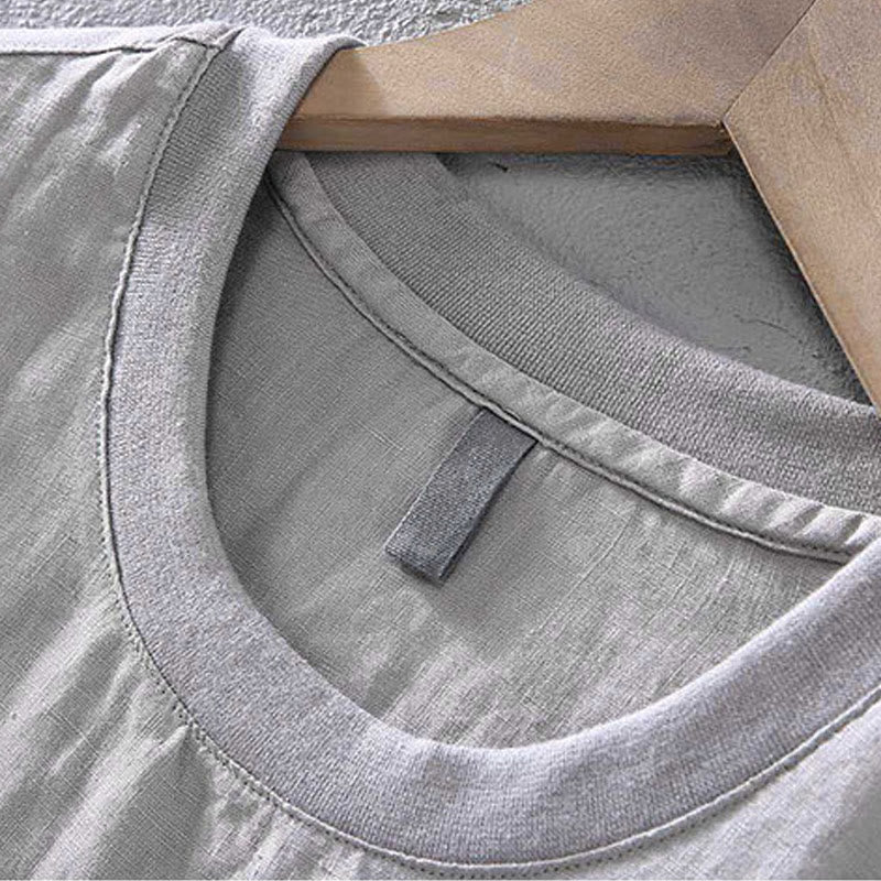 Buddha Stones Crew Neck Simple Design Men's Short Sleeve Linen Shirt With Pocket