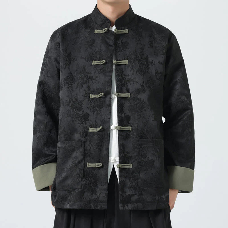 Buddha Stones Jacquard Frog-Button Long Sleeve Men's Cotton Jacket Tang Suit With Pockets